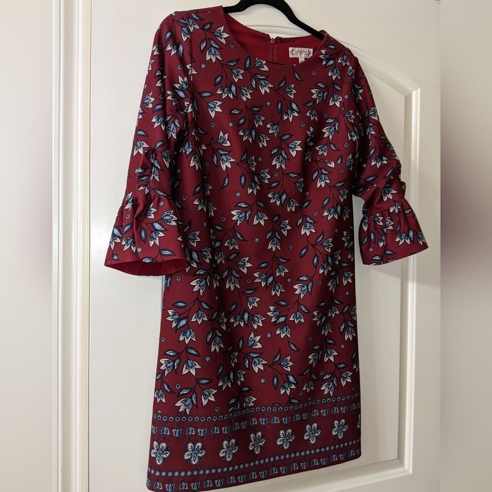 Nanette Lepore Women's Ruffle Sleeve Floral Shift dress 6 Cranberry Red